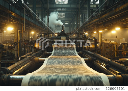 Industrial printing press in action: detailed view of large-scale manufacturing in factory setting with vintage machinery and atmospheric lighting 126005101