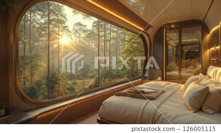 Luxury train cabin with panoramic forest view at sunrise for unique travel experiences 126005115