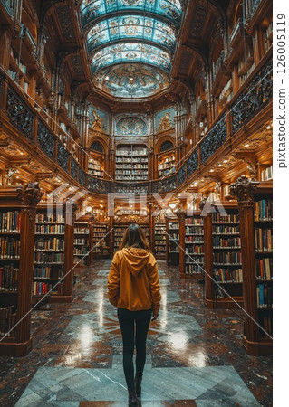 Majestic library interior with ornate architecture and stained glass dome Majestic library interior with ornate architecture and stained glass dome 126005119