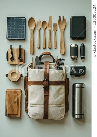 Sustainable outdoor camping essentials with eco-friendly utensils and solar charger for modern adventurers Sustainable outdoor camping essentials with eco-friendly utensils and solar charger for modern adventurers 126005124