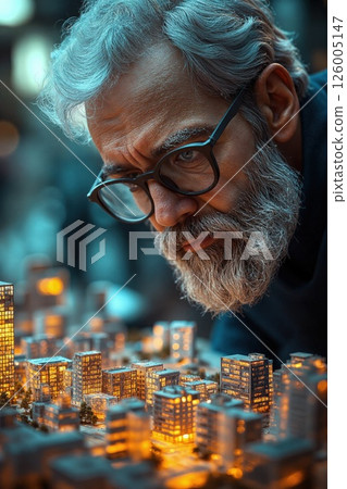 Visionary architect contemplating illuminated urban model for future city planning concepts 126005147