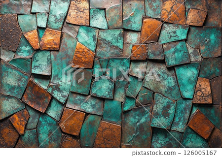 Abstract patina art: rustic turquoise and copper textured mosaic design for interior decor 126005167
