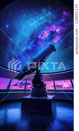 Celestial observation in modern observatory featuring a telescope under stunning starry sky and galactic view 126005174