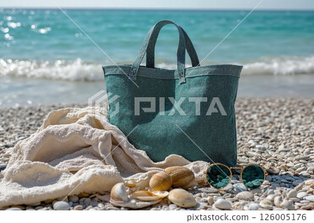 Coastal style essentials: chic beach bag with towel and seashells for a serene summer escape Coastal style essentials: chic beach bag with towel and seashells for a serene summer escape 126005176