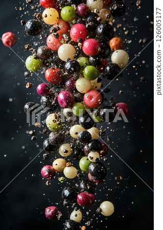 Colorful explosion of fresh berries in motion against dark background - culinary art concept for modern design Colorful explosion of fresh berries in motion against dark background - culinary art concept for modern design 126005177