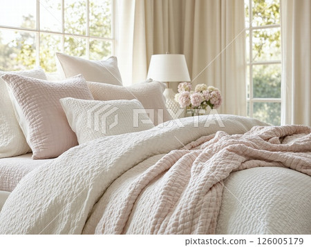 Cozy bedroom retreat with soft pastel bedding and natural light elegance Cozy bedroom retreat with soft pastel bedding and natural light elegance 126005179