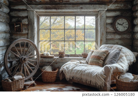 Cozy rustic cabin interior with autumn view through window for relaxation and decor inspiration 126005180