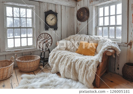 Cozy rustic winter retreat with woven accents and warm textile decor in a vintage cabin setting 126005181