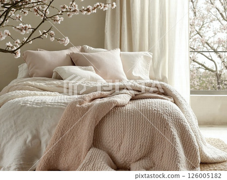 Cozy spring bedroom interior design with soft pastel textiles and cherry blossom accents 126005182