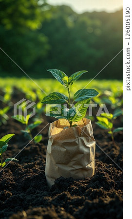 Eco-friendly agriculture portrait: seedling in recyclable paper bag growing in lush green field at sunrise 126005190