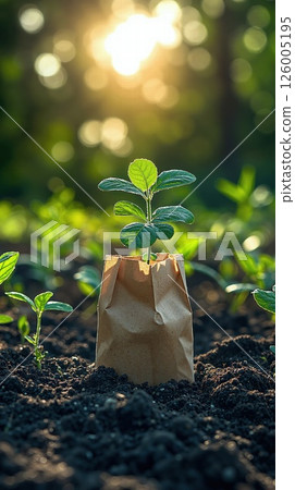 Eco-friendly gardening: young seedling in biodegradable paper pot at sunrise Eco-friendly gardening: young seedling in biodegradable paper pot at sunrise 126005195