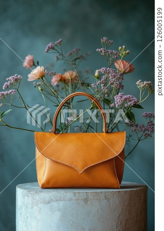 Elegant leather handbag display with wildflower background for fashion marketing and design inspiration 126005199