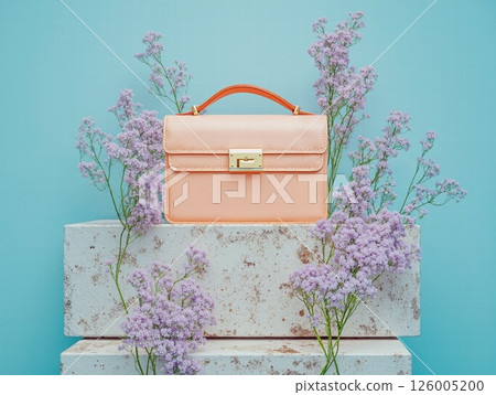 Elegant pastel handbag display with lavender accents on modern stone blocks 126005200