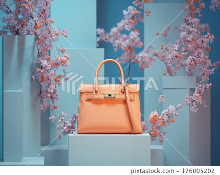 Elegant spring fashion: coral handbag amid cherry blossom arrangements Elegant spring fashion: coral handbag amid cherry blossom arrangements 126005202