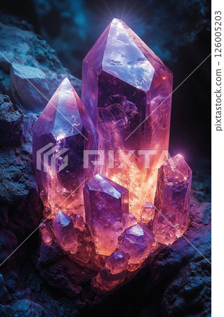 Enchanting amethyst crystals in mystical cave with glowing light effects for nature and gemstone themes 126005203