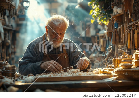 Master craftsman in sunlit workshop creating handmade wooden art amidst tools and shavings 126005217