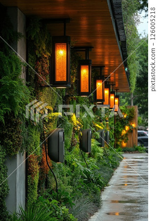 Modern eco-friendly electric car charging station with vertical garden decor in urban setting Modern eco-friendly electric car charging station with vertical garden decor in urban setting 126005218