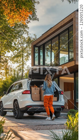 Modern lifestyle: unpacking at a contemporary home with nature views for urban planning inspiration 126005220