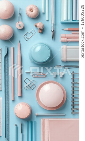 Pastel office supplies arrangement with minimalist style for creative desk inspiration Pastel office supplies arrangement with minimalist style for creative desk inspiration 126005229