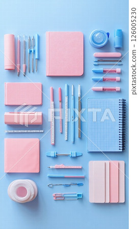 Pastel pink and blue stationery set for creative office design and organization Pastel pink and blue stationery set for creative office design and organization 126005230