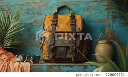 Rustic adventure backpack amidst tropical beach vibes for travel enthusiasts Rustic adventure backpack amidst tropical beach vibes for travel enthusiasts 126005231