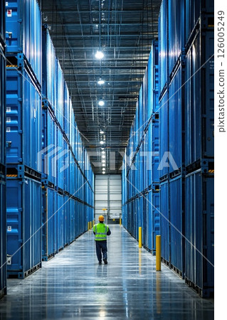 Modern industrial warehouse with stacked blue shipping containers and worker in protective gear Modern industrial warehouse with stacked blue shipping containers and worker in protective gear 126005249