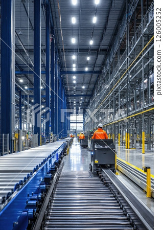 Modern warehouse automation with workers and conveyor systems in industrial setting 126005252