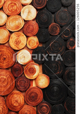 Rustic wooden circles texture with contrasting burnt and natural tones for artistic and design applications Rustic wooden circles texture with contrasting burnt and natural tones for artistic and design applications 126005256