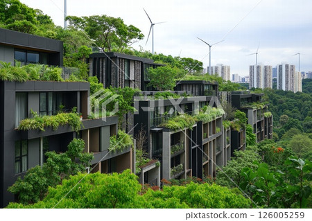 Urban green living architecture with eco-friendly design and wind turbines in lush cityscape Urban green living architecture with eco-friendly design and wind turbines in lush cityscape 126005259