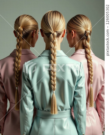 Contemporary fashion trio in pastel coats with braided hairstyles - modern style for creative design 126005302