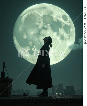 Dreamlike night view: woman gazing at enormous moon over city skyline for creative inspiration Dreamlike night view: woman gazing at enormous moon over city skyline for creative inspiration 126005313