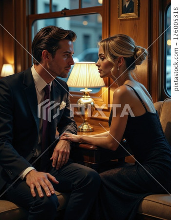 Elegant evening in luxurious train compartment - romantic dinner date setting with sophisticated attire and warm ambient lighting 126005318