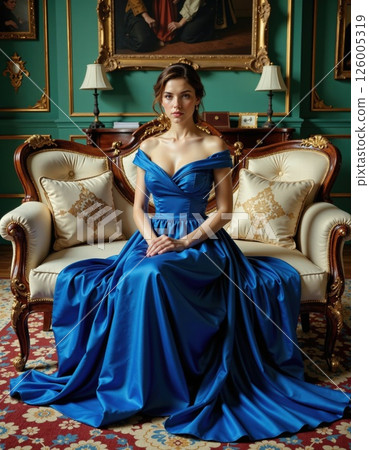 Elegant regal portrait of a woman in luxurious blue gown in vintage room for fashion editorials or period dramas 126005319