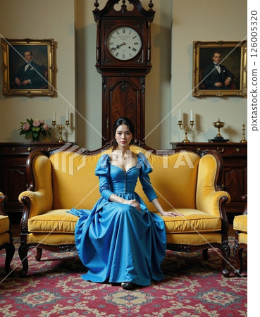 Elegant regency-inspired living room with classic blue gown for period drama or vintage interior design 126005320