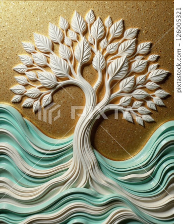 Elegant tree of life on textured gold and turquoise wave background for nature-inspired decor 126005321