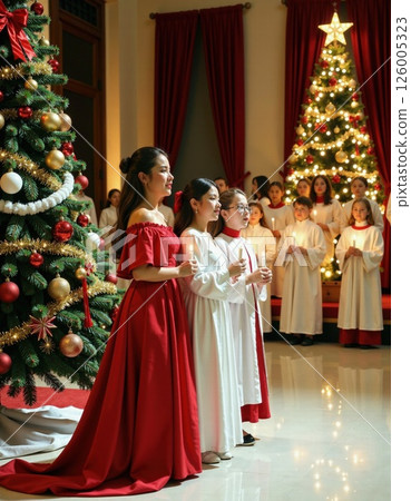 Festive christmas choir in elegant red and white dresses singing by decorated tree Festive christmas choir in elegant red and white dresses singing by decorated tree 126005323