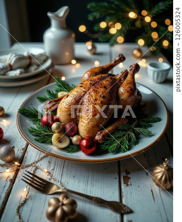 Festive christmas dinner table with roast turkey and holiday ornaments for seasonal celebrations Festive christmas dinner table with roast turkey and holiday ornaments for seasonal celebrations 126005324