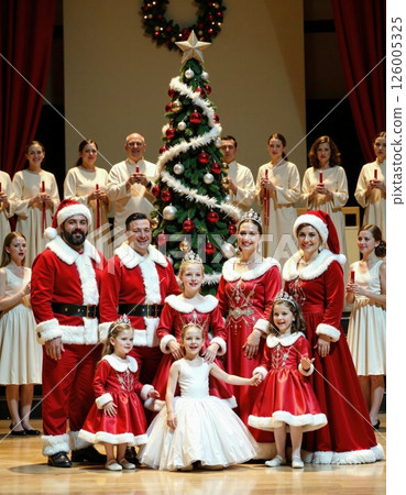 Festive family christmas celebration with santa costumes and joyous choir in holiday spirit Festive family christmas celebration with santa costumes and joyous choir in holiday spirit 126005325