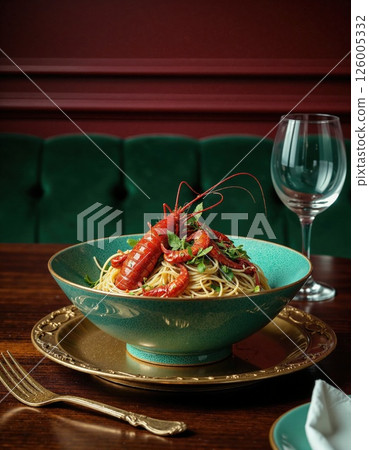 Gourmet seafood pasta dish in elegant restaurant setting with green velvet and red accents Gourmet seafood pasta dish in elegant restaurant setting with green velvet and red accents 126005332
