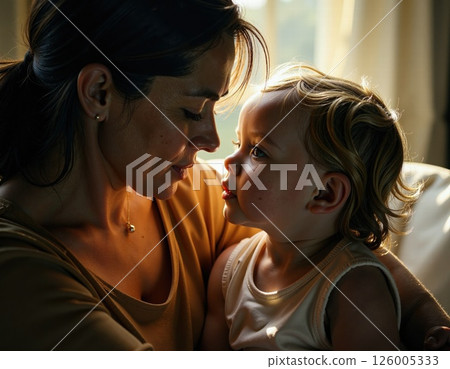 Heartfelt mother-child bond in warm sunlight for parenting and family love themes 126005333