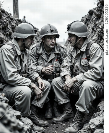 Intense military strategy discussion in trenches: three soldiers in focused conversation wearing helmets 126005336