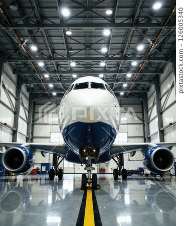 Modern airplane hangar with aircraft front view showcasing industrial design and technology 126005340
