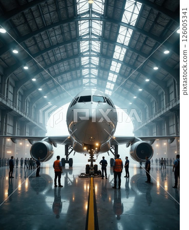 Modern aviation engineering: aircraft maintenance in a spacious hangar with professional crew Modern aviation engineering: aircraft maintenance in a spacious hangar with professional crew 126005341