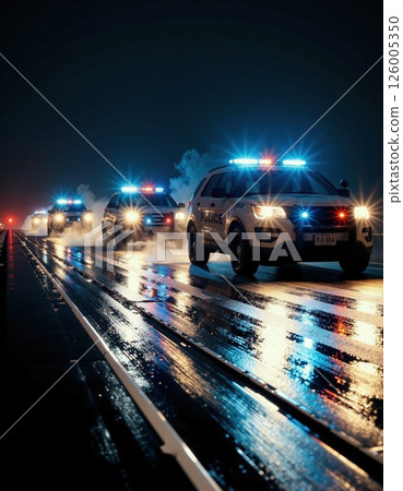 Nighttime urban chase: police vehicles pursuing on wet city street with flashing lights Nighttime urban chase: police vehicles pursuing on wet city street with flashing lights 126005350