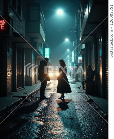 Noir cityscape: mysterious nighttime street encounter under soft streetlights Noir cityscape: mysterious nighttime street encounter under soft streetlights 126005351