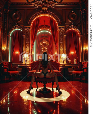 Opulent retro lounge with red velvet decor and dramatic lighting for luxurious interior design inspiration 126005352
