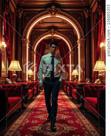 Opulent victorian interior with elegant businessman walking through luxurious red velvet lounge 126005353