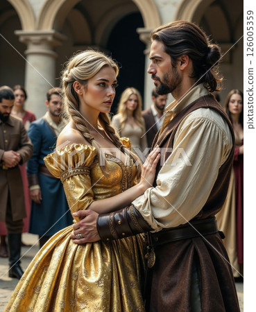 Romantic medieval encounter in opulent golden gown and leather attire amidst noble gathering 126005359