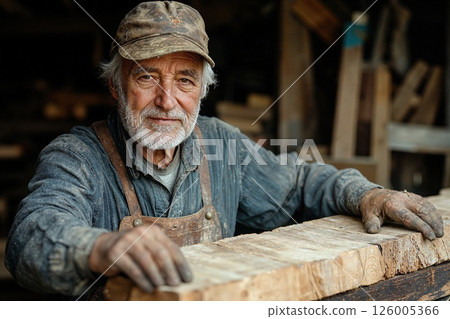 Rustic woodwork mastery: elder craftsman in traditional workshop setting Rustic woodwork mastery: elder craftsman in traditional workshop setting 126005366