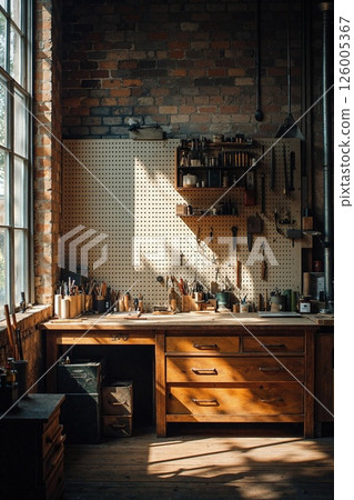 Rustic woodworking workshop with natural light and organized tools for creative craftsmanship and diy inspiration 126005367